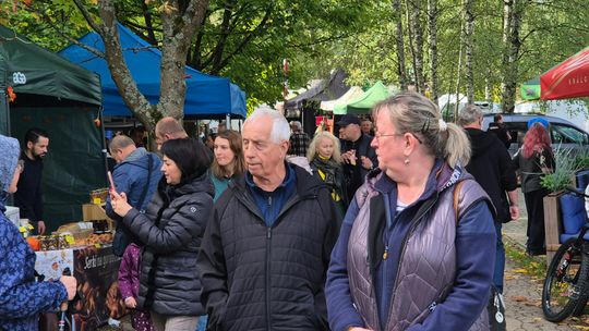 grupa ludzi przy stołach z grzybami i boksach sprzedażowych w Wysowej-Zdroju