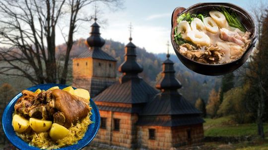 Zdjęcie przedstawia cerkiew i dania obiadowe