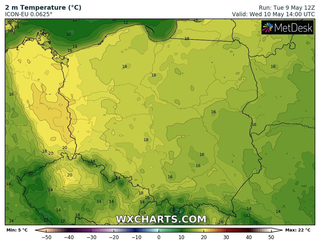 wyliczany wzrost temperatury powietrza 10 maja o 16 CEST