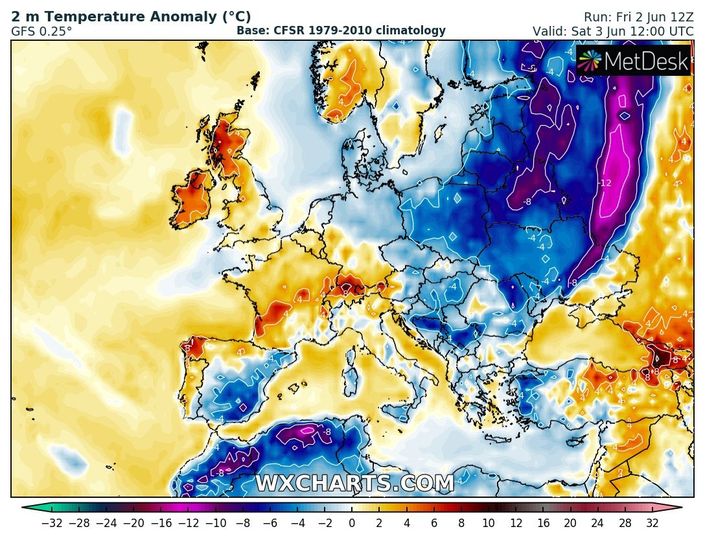 spodziewana anomalia temperatury na wysokości 2 metrów w Europie w sobotę o 14 CEST, źródło: wxcharts.com