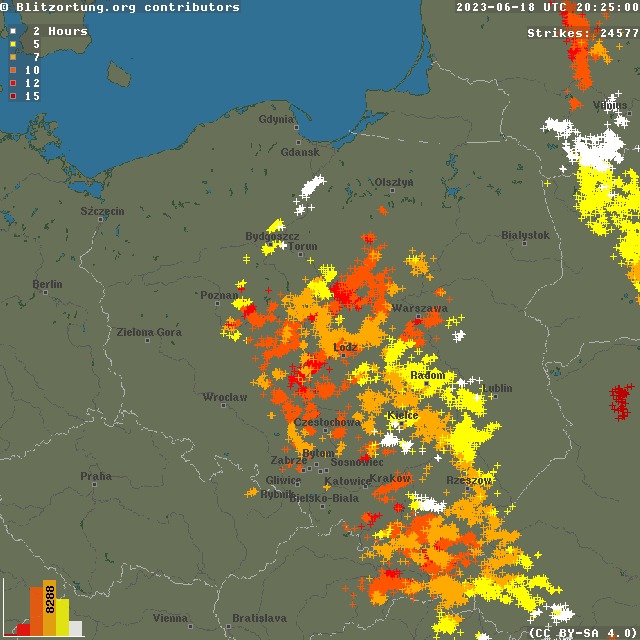 zarejestrowane wyładowania atmosferyczne w Polsce 18 czerwca 2023, źródło: blitzortung.org