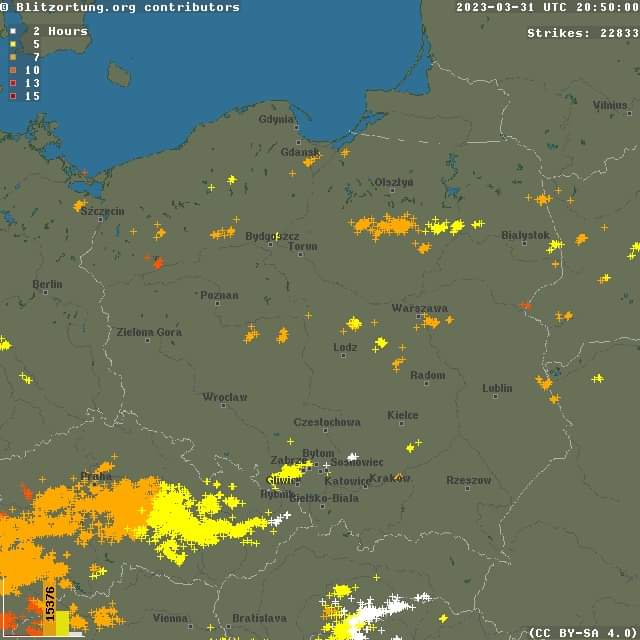 wyładowania atmosferyczne nad Europą, źródlo: blitzortung.com