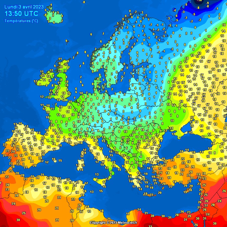 temperatura powietrza zmierzona w Europie 3 kwietnia o 15.50 CEST, źródło: meteociel.fr