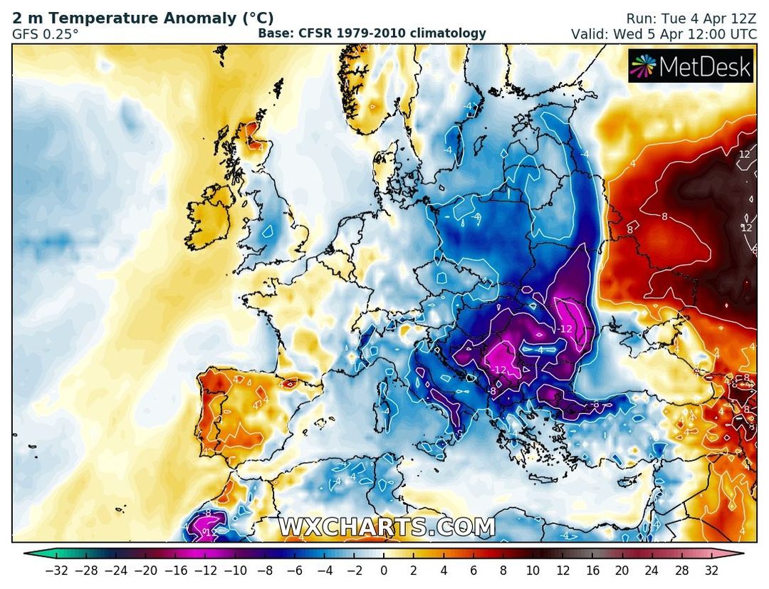 prognozowana anomalia temperatury w Europie we środę o 14 CEST, źródło: wxcharts.com