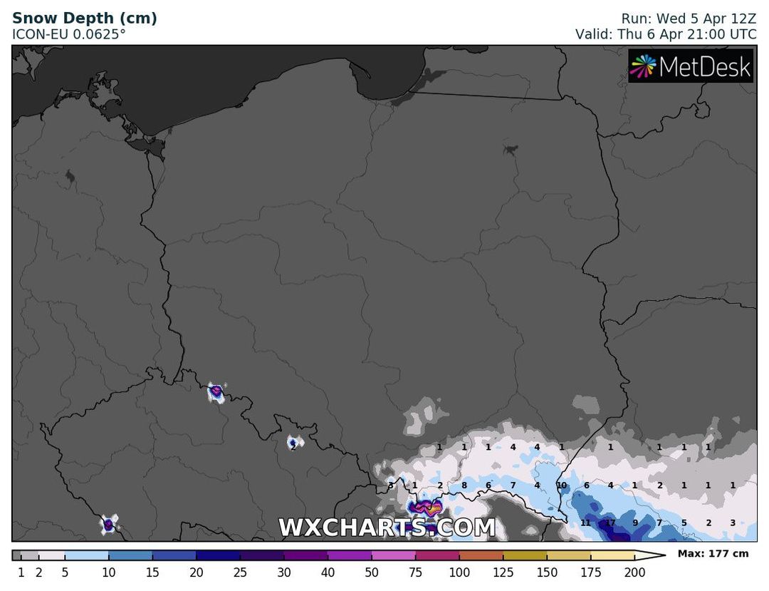 wyliczana wysokość pokrywy śnieżnej do końca czwartku, źródło: wxcharts.com