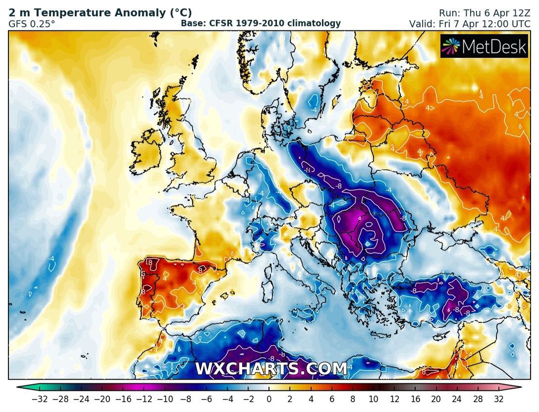 wyliczana anomalia temperatury w Europie w Wielki Piątek o 14 CEST, źródło: wxcharts.com