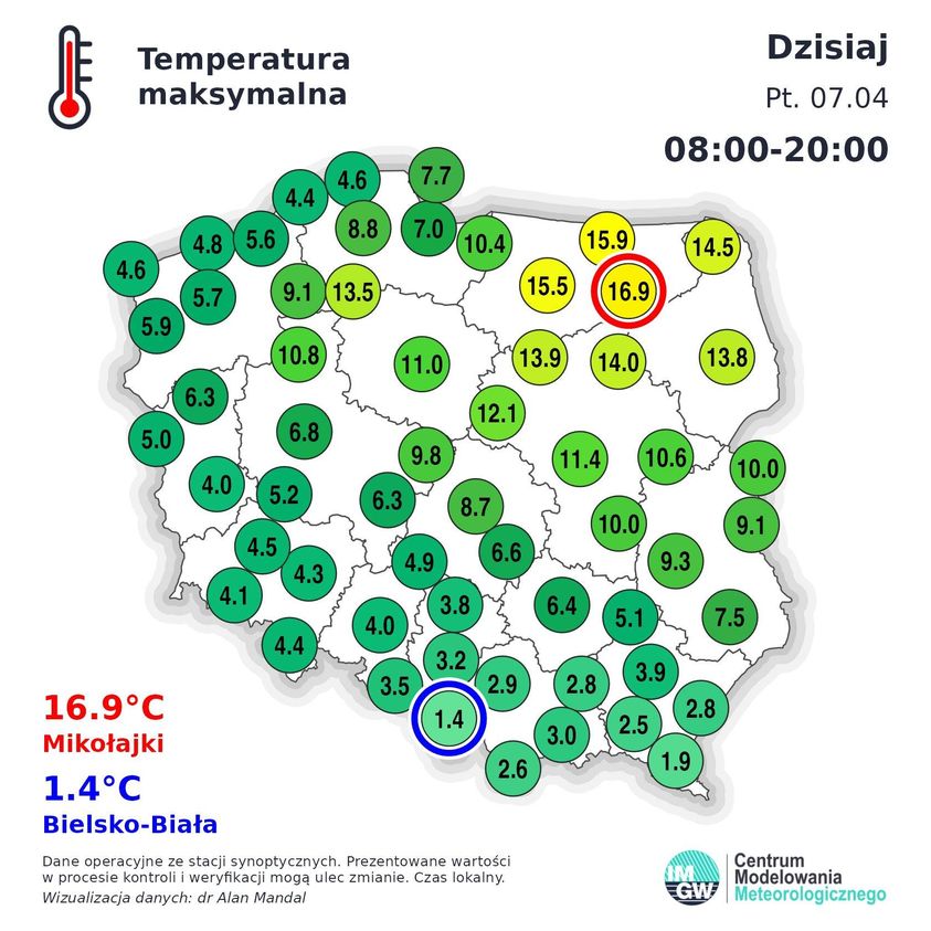 - temperatura maksymalna w Polsce zmierzona 7 kwietnia. Ocieplenie nadeszło z dość nietypowego, czyli północno wschodniego kierunku kierunku. Najwyższą wartość temperatury zmierzono w Mikołajkach, źródło IMGW - PIB Centrum Modelowania Meteorologicznego