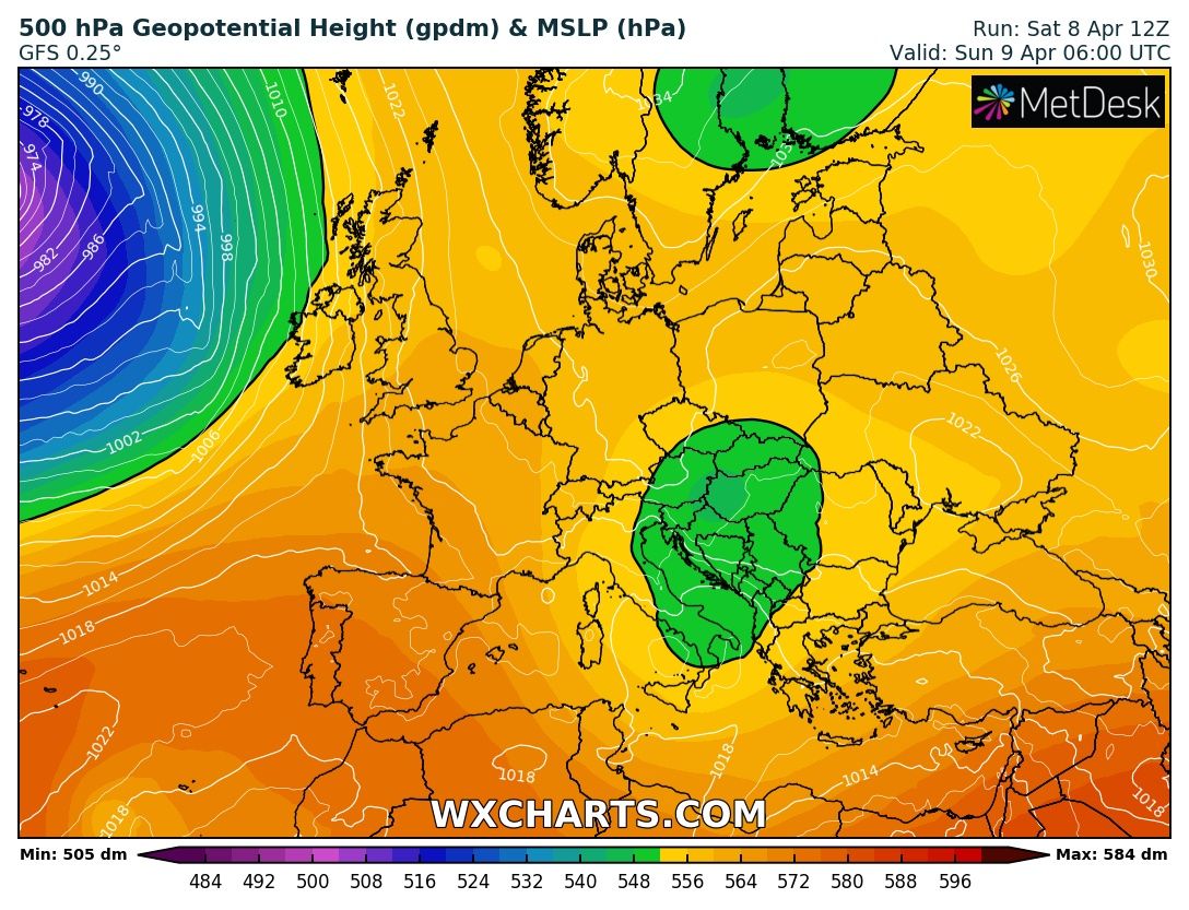 wyliczany rozkład pola geopotencjału w Wielkanoc o 8 CEST, źródło: wxcharts.com