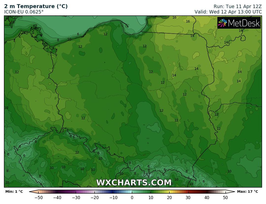 wyliczany wzrost temperatury powietrza we środę o 15 CEST, źródło: wxcharts.com