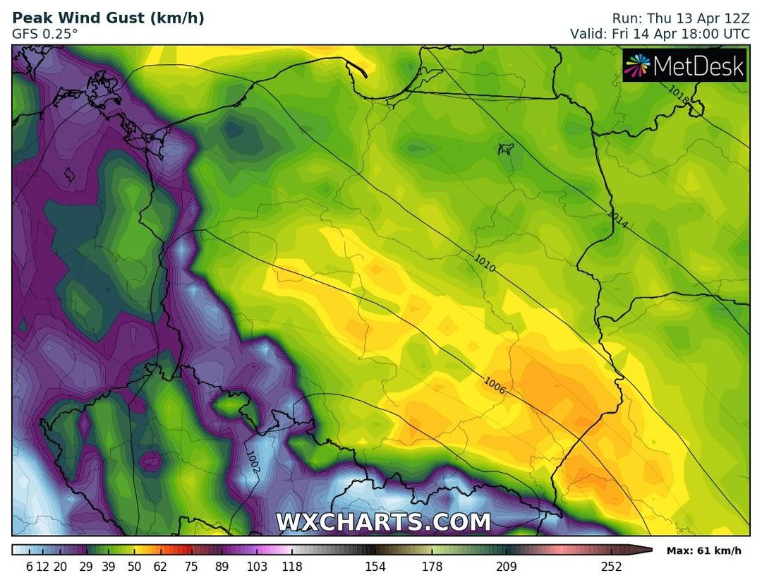 wyliczane maksymalne porywy wiatru w piątek o 20 CEST, źródło: wxcharts.com