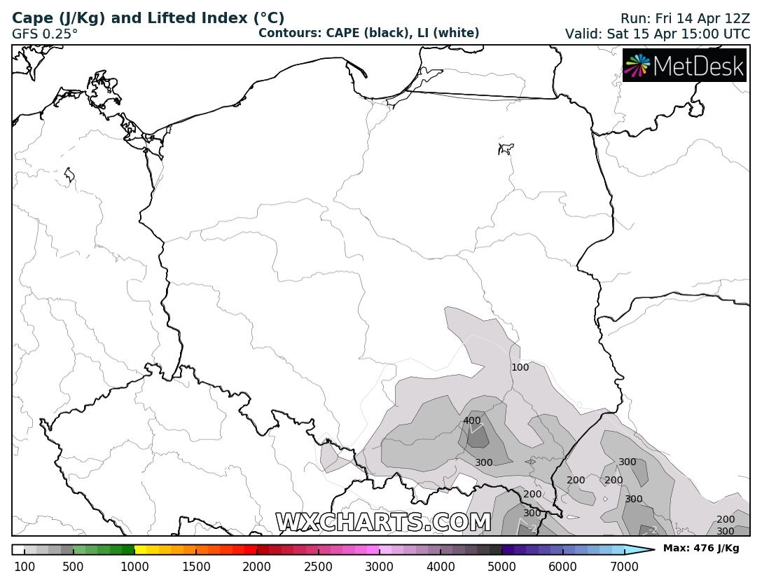 prognozowany wzrost CAPE w sobotnie popołudnie, źródło: wxcharts.com