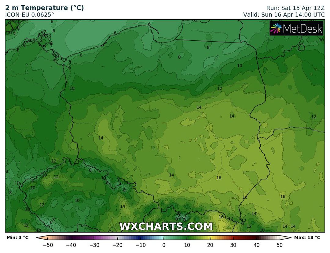 wyliczany wzrost temperatury powietrza w niedzielę o 16 CEST, źródło: wxcharts.com