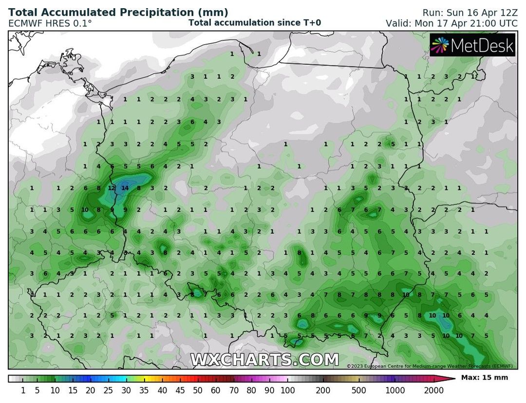 wyliczana łączna suma opadu do końca poniedziałku 17 kwietnia, źródło: wxcharts.com