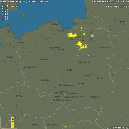 zarejestrowane wyładowania atmosferyczne w Polsce 19 kwietnia, źródło: blitzortung.org