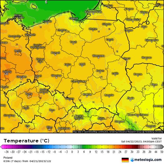 wyliczany wzrost temperatury powietrza w sobotę o 16 CEST, źródło: meteologix.com