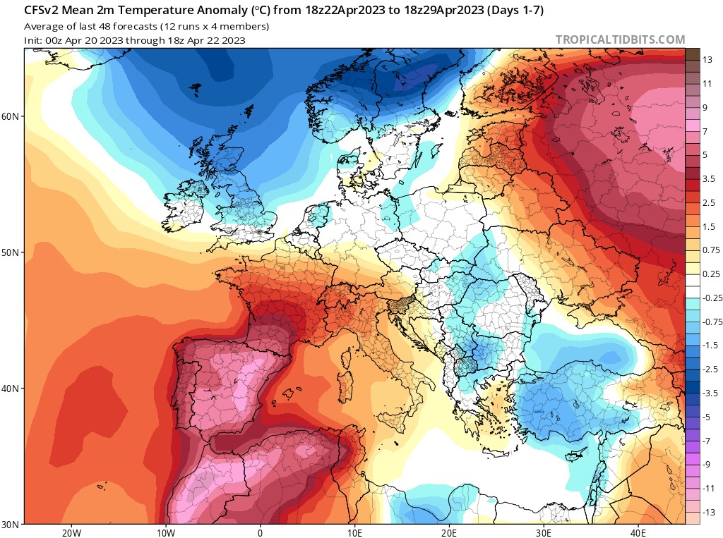 Model CFS i wyliczenia anomalii odpowiednio temperatury oraz opadu dla okresu 22 – 29 kwietnia