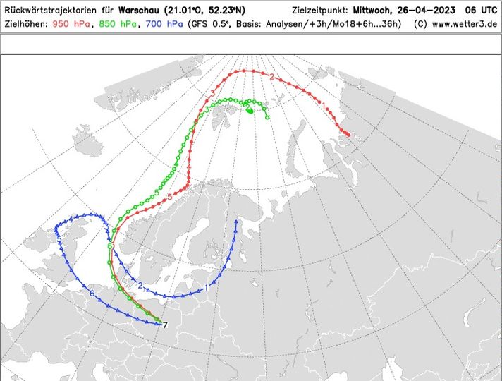 spodziewana trajektoria wsteczna dla Warszawy 26 kwietnia o 8 CEST. Napływająca masa powietrza swoje pochodzenie wywodzi z obszaru koła podbiegunowego, przez co nie grozi nam większy wzrost temperatury maksymalnej, źródło: www. wetter3.de