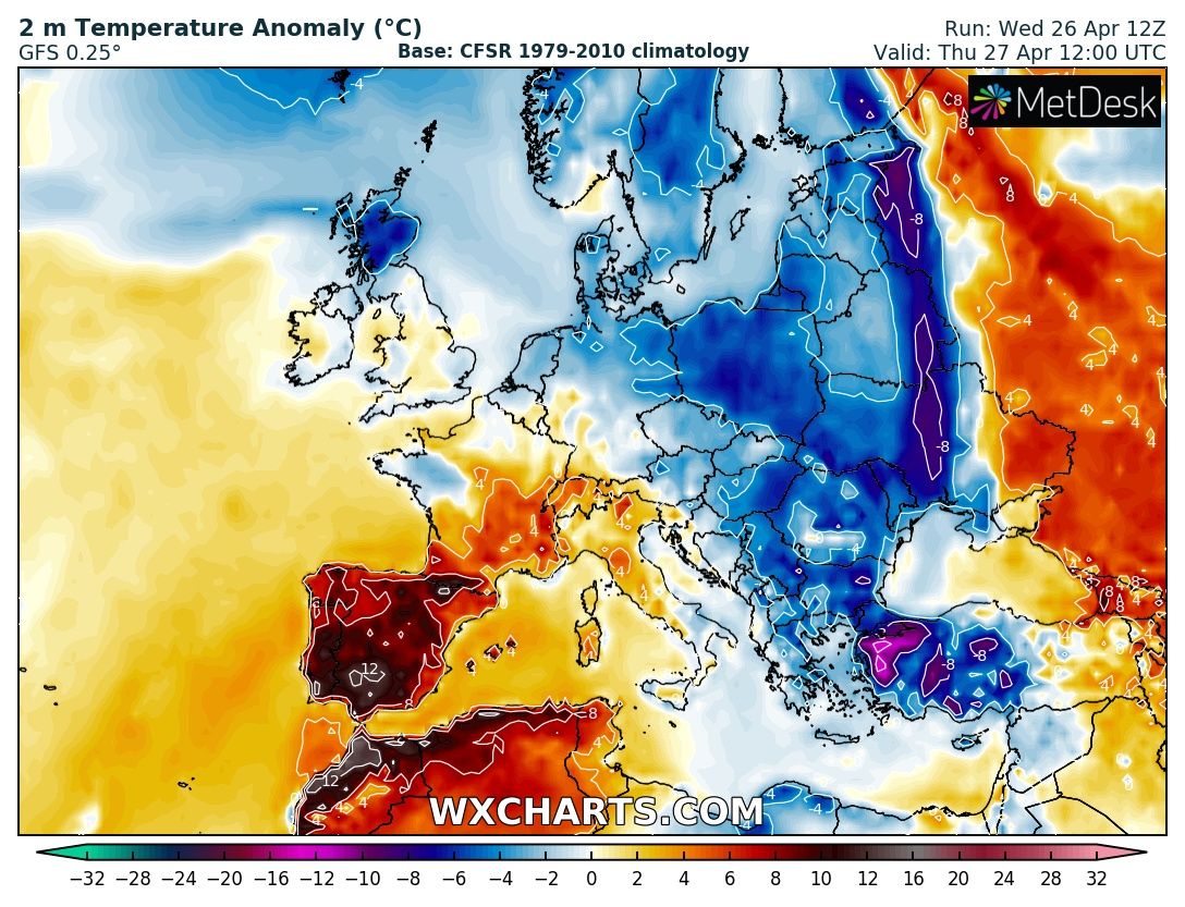 wyliczana anomalia temperatury w Europie w czwartek o 14 CEST