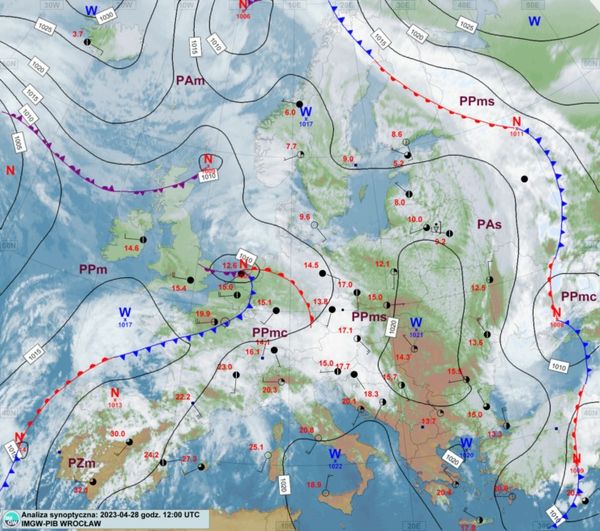 analiza synoptyczna z 28 kwietnia, godzina 14 CEST, źródło: IMGW-PIB Wrocław