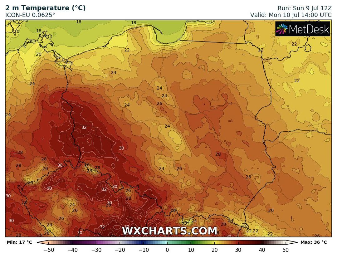 wyliczany wzrost temperatury powietrza w poniedziałek o 16 CEST, źródło: wxcharts.com