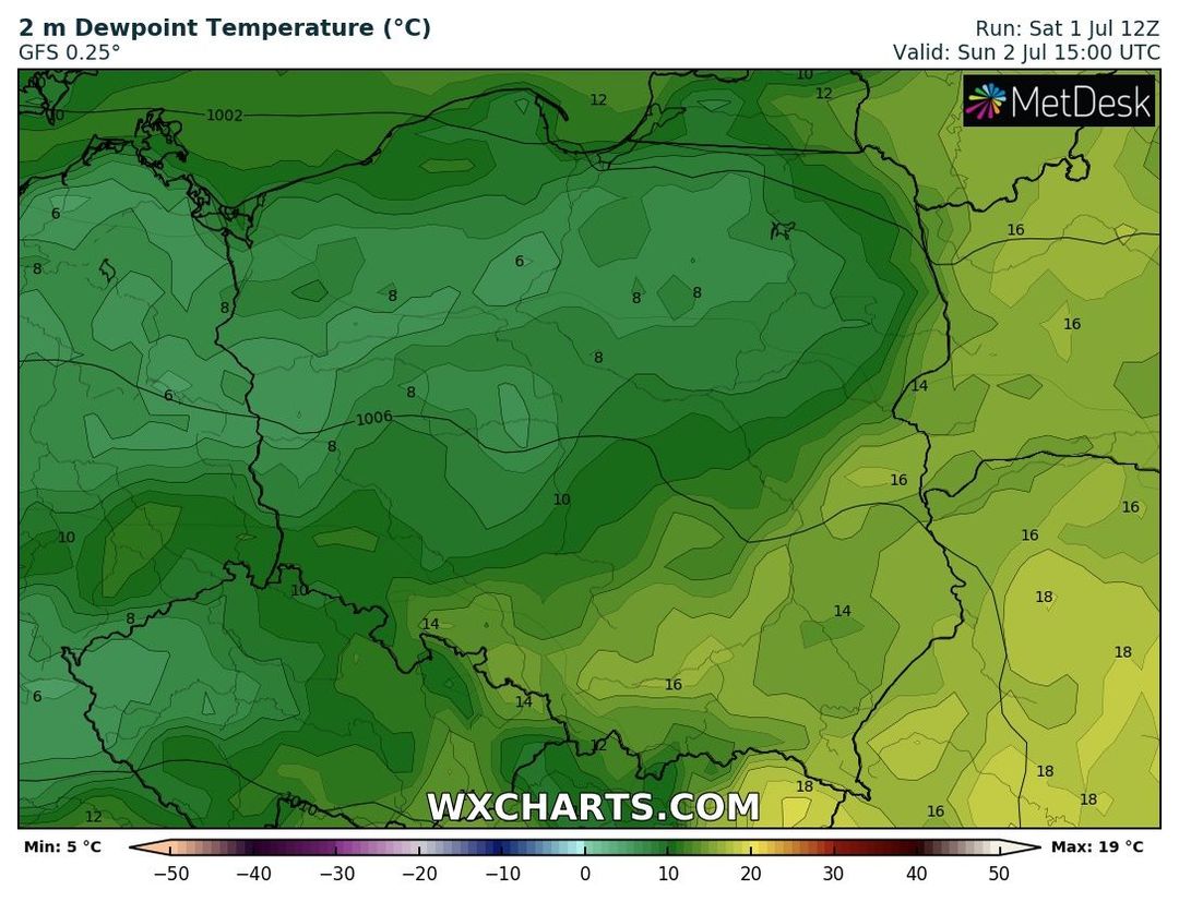 prognozowana temperatura punktu rosy w niedzielę o 17 CEST, źródło: wxcharts.com