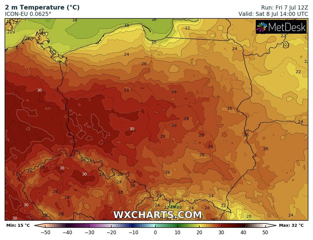 wyliczany wzrost temperatury powietrza w sobotę, 8 lipca 2023 o 16 CEST, źródło: wxcharts.com