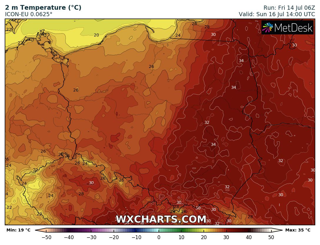 wyliczany wzrost temperatury powietrza w niedzielę o 16 CEST, wxcharts.com