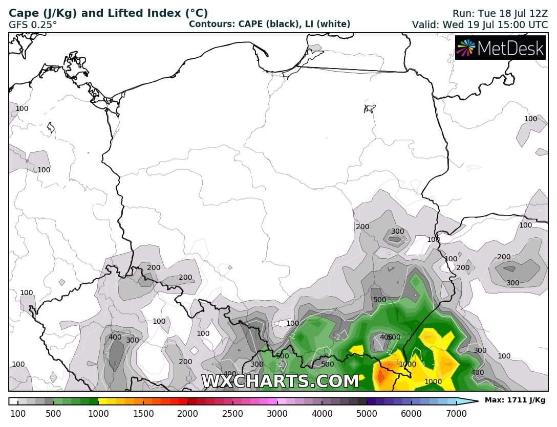 Wyliczany wzrost CAPE we środę o 17 CEST, źródło: wxcharts.com 