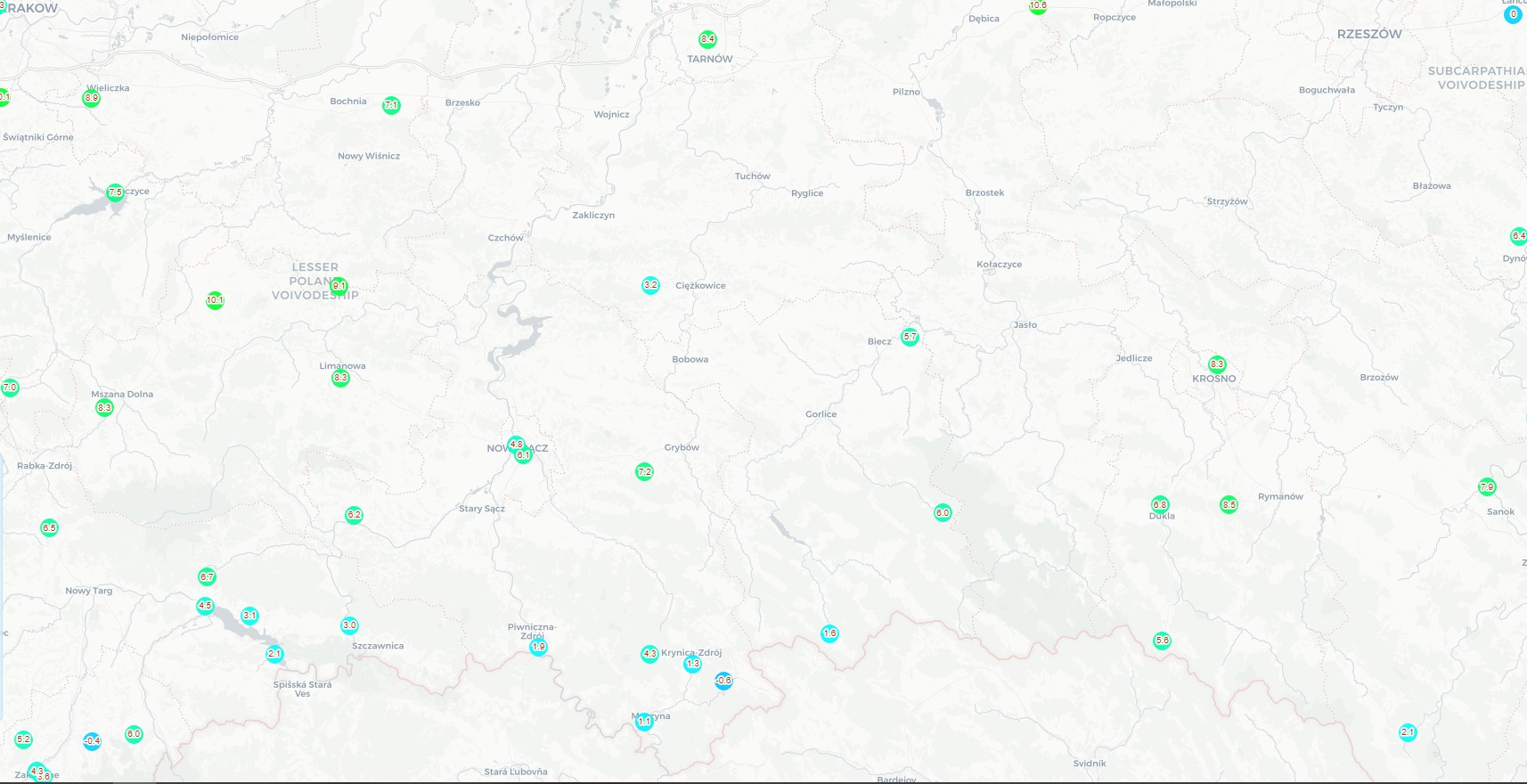 temperatura powietrza zmierzona w poniedziałek o 22 CET, źródło grafiki Meteomap, dane IMGW