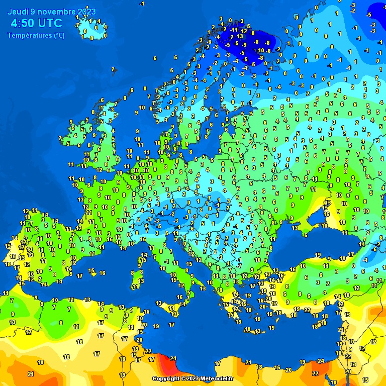 temperatura powietrza zmierzona w Europie 9 listopada o 5.50 CET