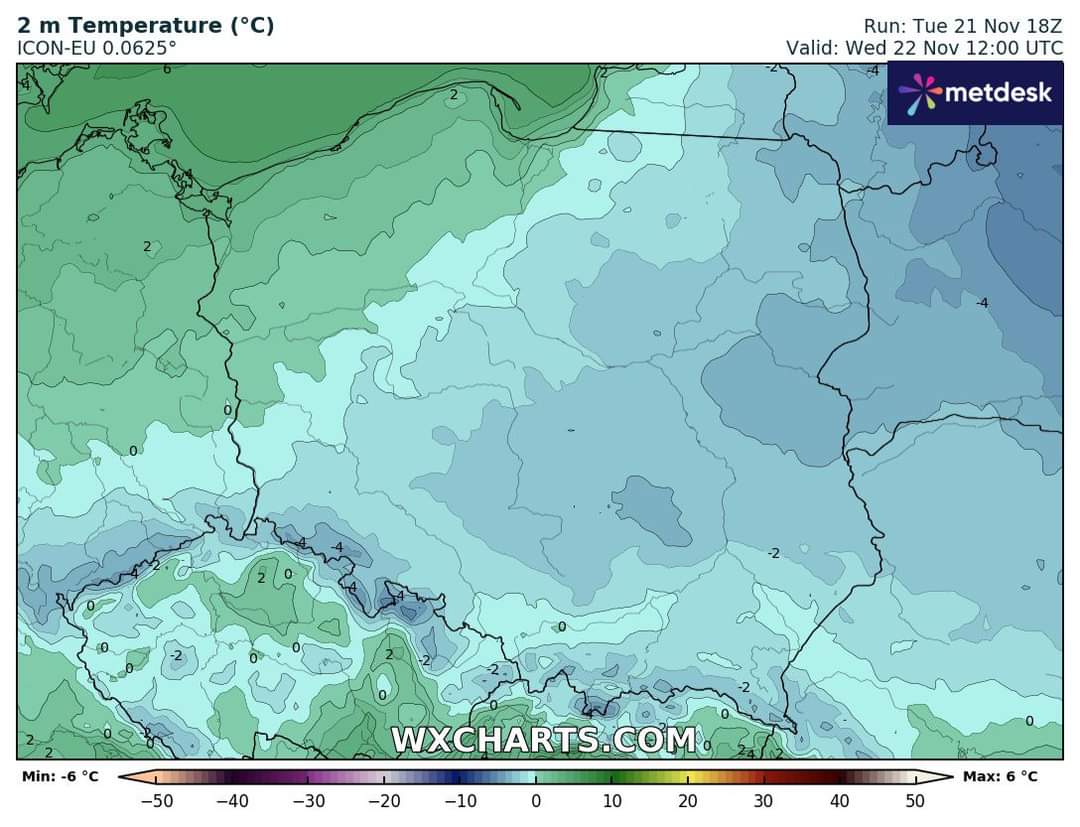 Mapa temperatury w Polsce 