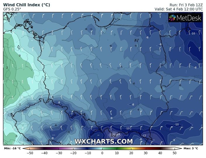 wyliczana temperatura odczuwalna (wind chill) w sobotę o 13 CET, źródło: wxcharts.com