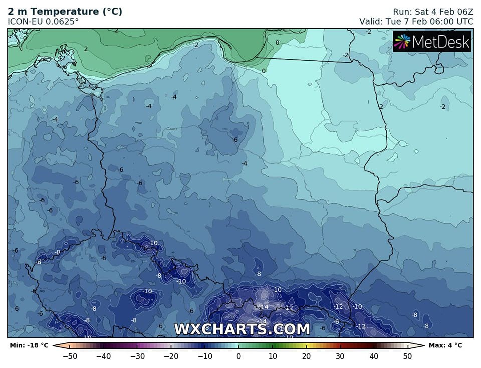 wyliczana temperatura powietrza we wtorek 7 lutego o 7 CET, źródło: wxcharts.com