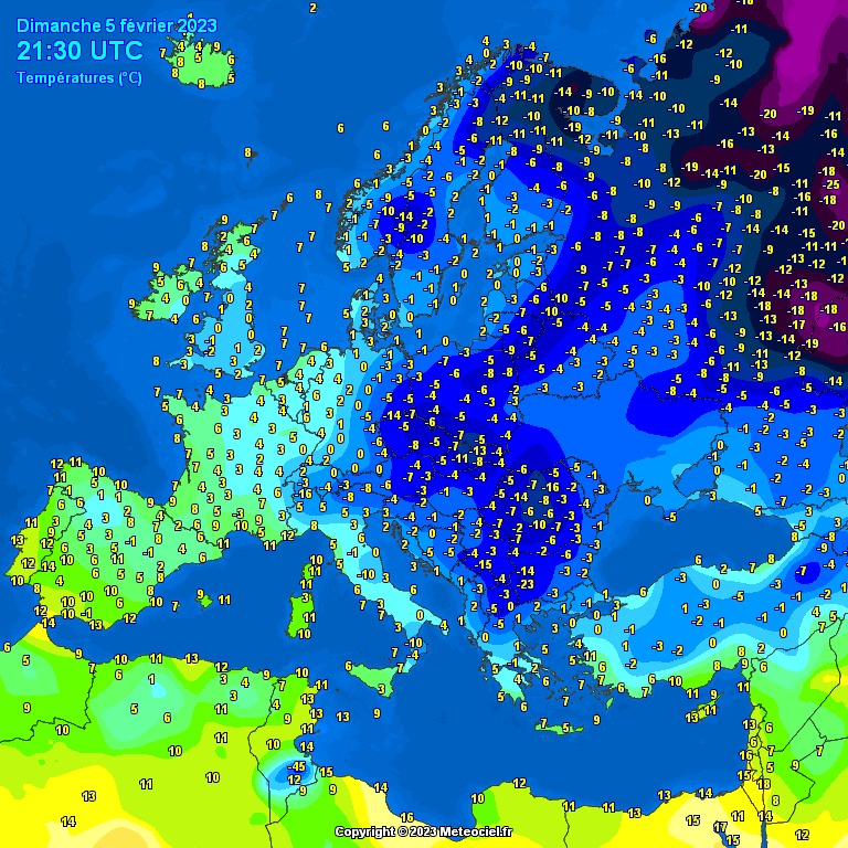 temperatura powietrza zmierzona w Europie 5 lutego o 22.30 CET, źródło: meteociel.fr