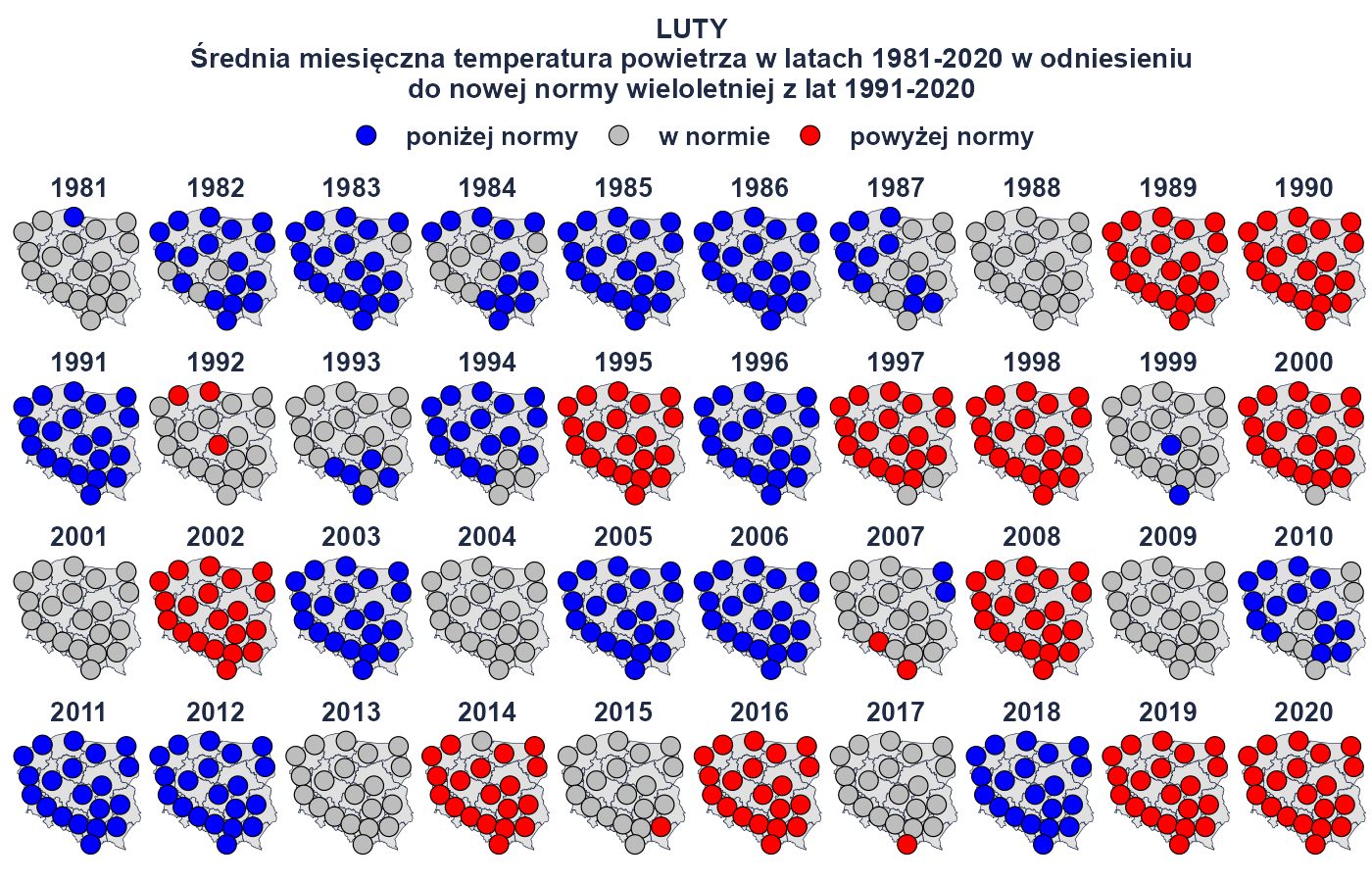 Średnia miesięczna temperatura powietrza w odniesieniu do nowej normy wieloletniej z lat 1991-2020