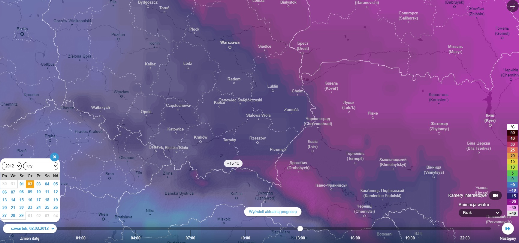 archiwalna prognoza modelu ECMWF pod kątem wzrostu temperatury powietrza z 2 lutego 2012, źródło Ventusky