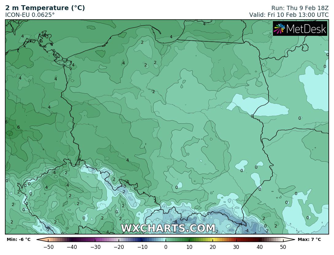 wyliczany wzrost temperatury powietrza w piątek o 14 CET