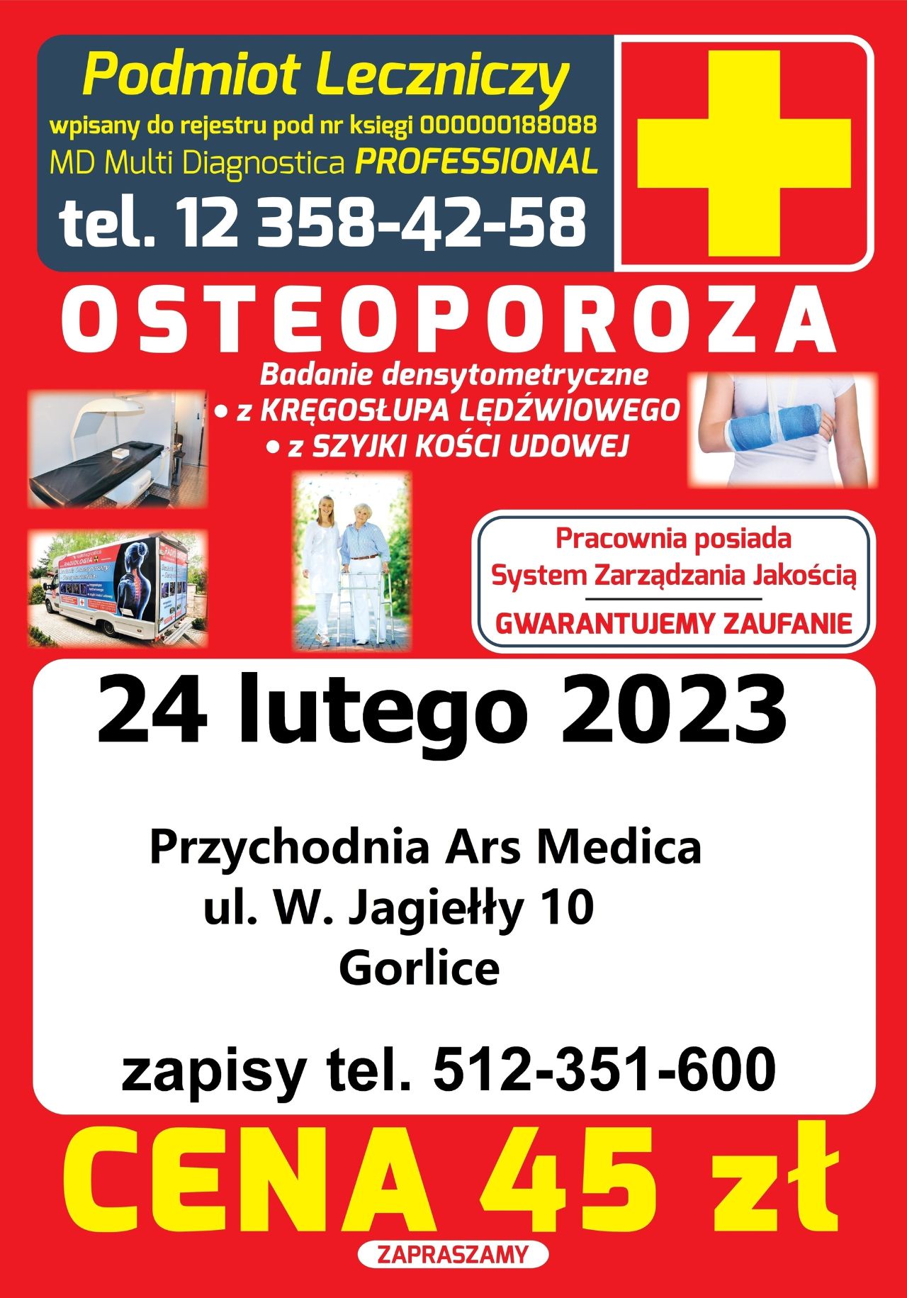 Badanie odbędzie się 24 lutego 2023 (piątek) w mobilnej pracowni densytometrycznej – OSTEOBUSIE, Przychodnia Ars Medica ul. W. Jagiełły 10 w Gorlicach. 