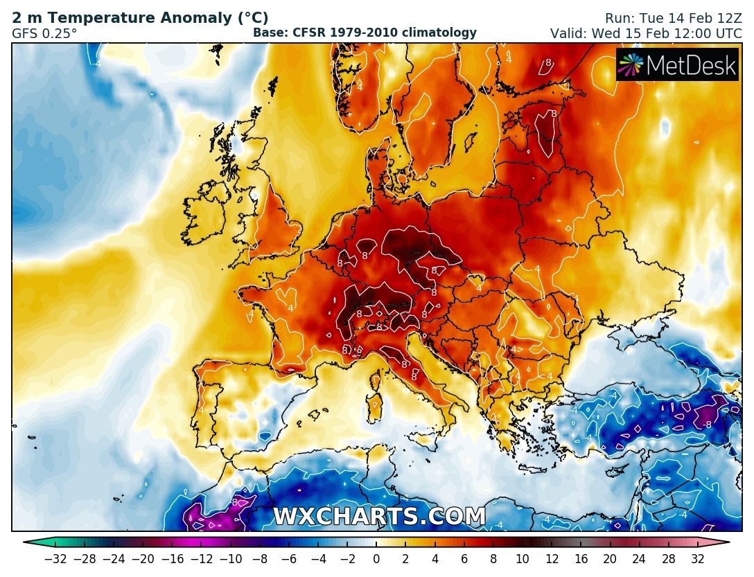 wyliczana anomalia temperatury we środę o 13 CET