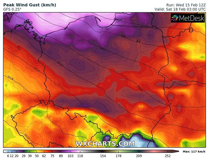 wyliczane maksymalne porywy wiatru w sobotę o 4 CET, wxcharts.com