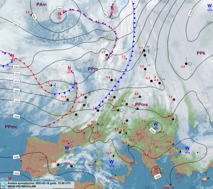 analiza synoptyczna z 16 lutego, godzina 13 CET