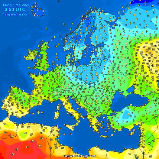 temperatura powietrza zmierzona w Europie 1 maja o 6.50 CEST, źródło: meteociel.fr