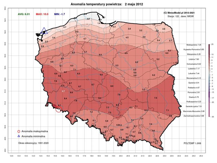 anomalia temperatury w Polsce z 2 maja 2012, dane IMGW, źródło: Meteomodel