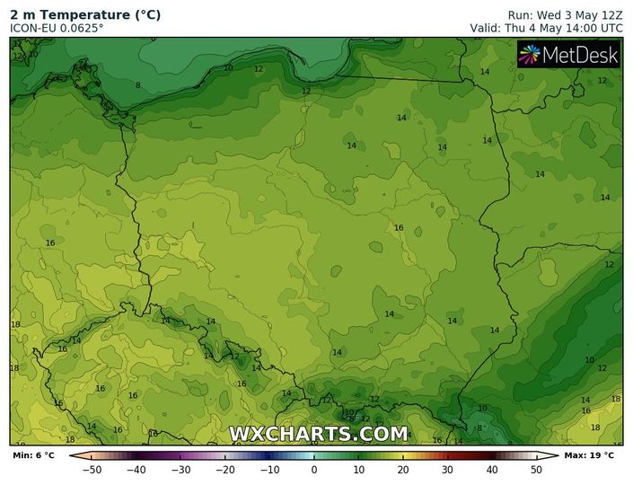 wyliczany wzrost temperatury powietrza w czwartek o 16 CEST, źródło: wxcharts.com