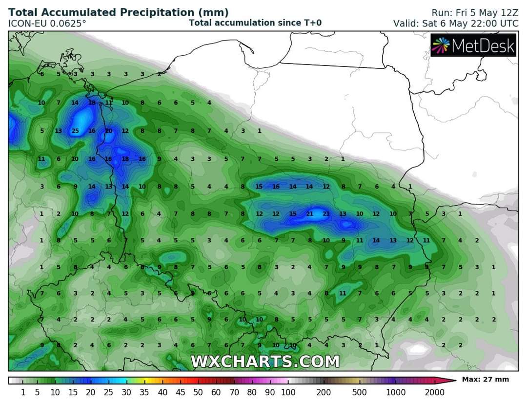 wyliczana łączna suma opadu do końca soboty, źródło: wxcharts.com