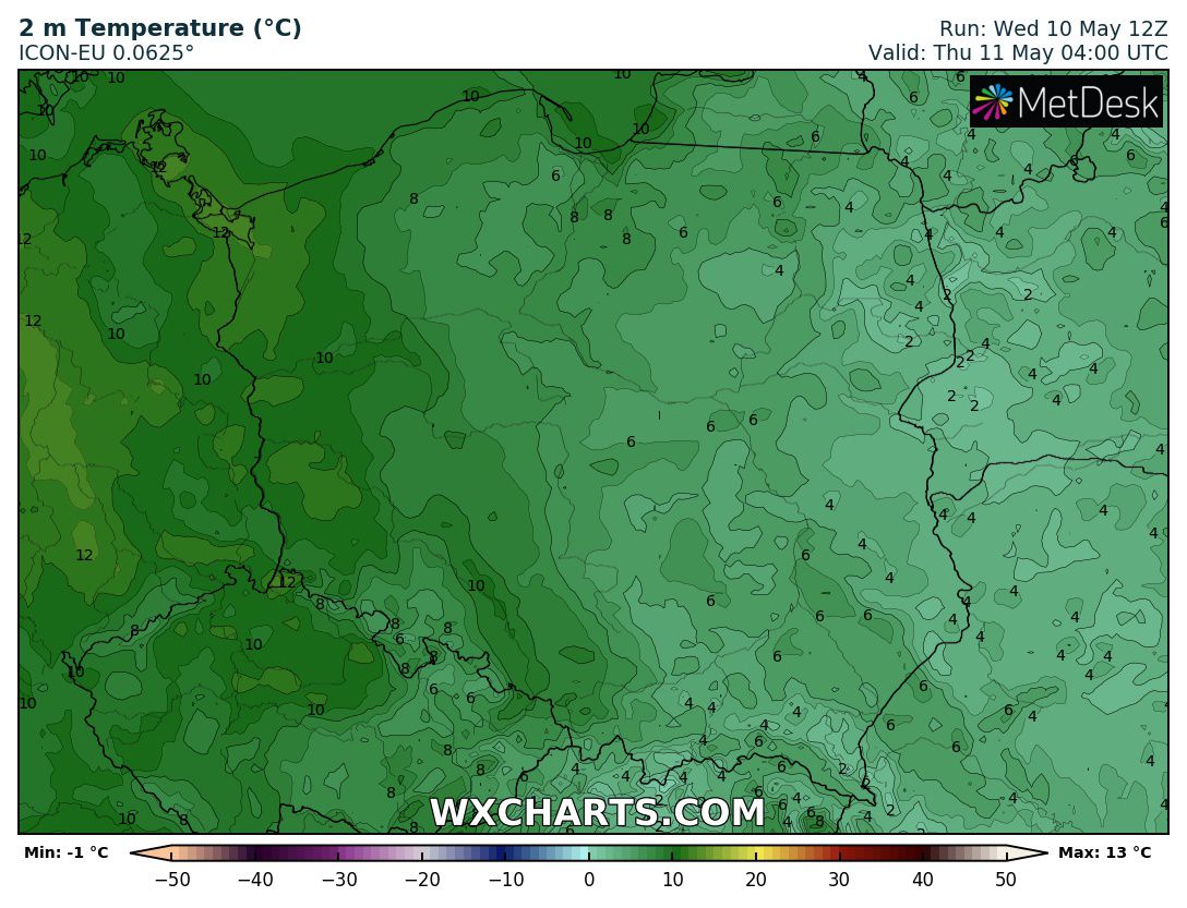 wyliczana wartość temperatury powietrza w czwartek o 6 CEST, pogoda gorlice, pogoda małopolska, gorlice