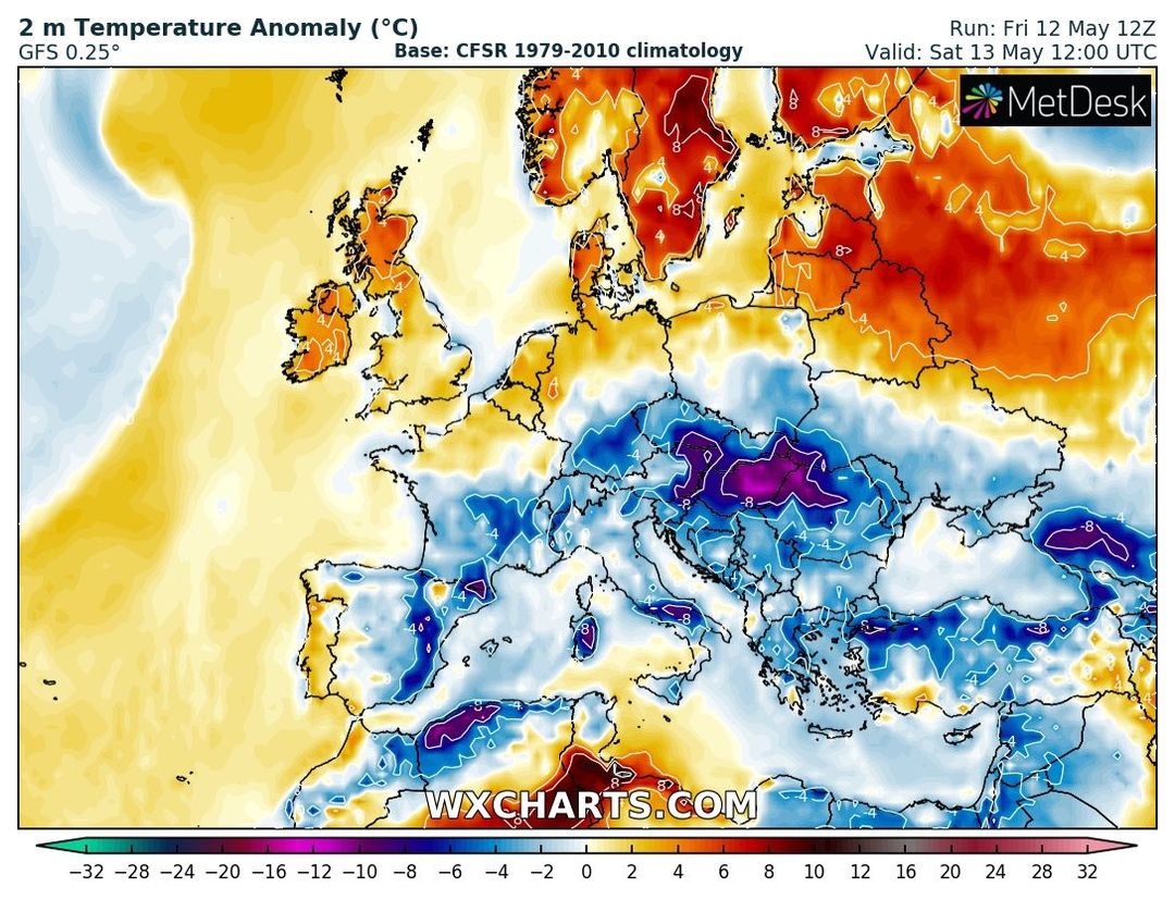 prognozowana anomalia temperatury w sobotę o 14 CEST, źródlo: wxcharts.com