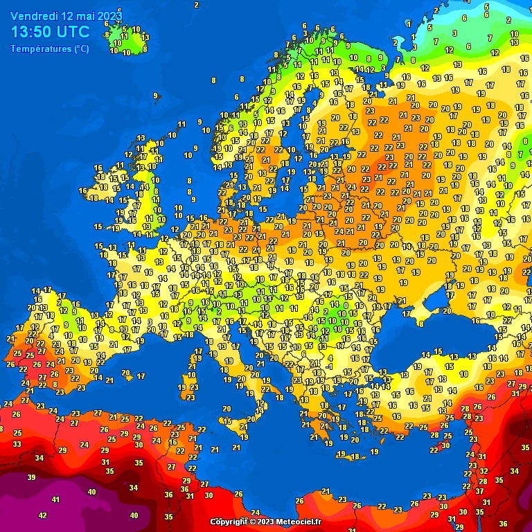 temperatura powietrza zmierzona w Europie 13 maja o 15.50 CEST, źródło: meteociel.fr