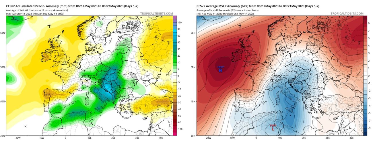 model CFS i wyliczenia anomalii opadu oraz rozkładu ciśnienia dla okresu 14-21 maja, źródło: tropicaltidbits.com