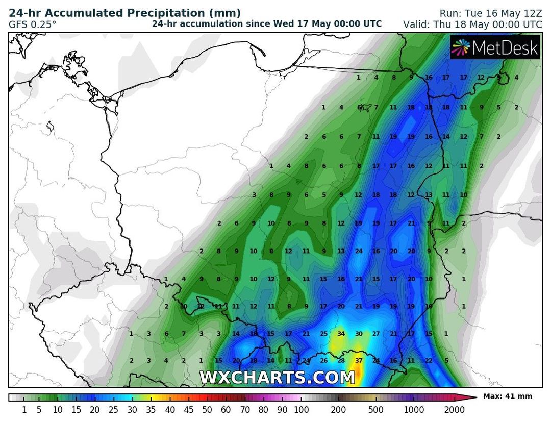 wyliczana łączna suma opadu do końca środy, źródło: wxcharts.com